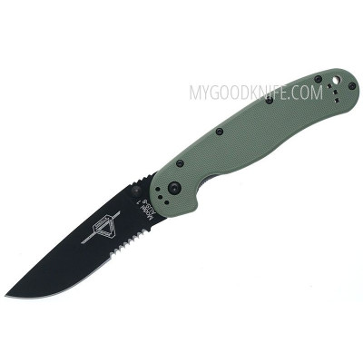 Serrated folding knife Ontario RAT-1 Black Combo Blade, Green Nylon Handle 8847OD 8.9cm - 1